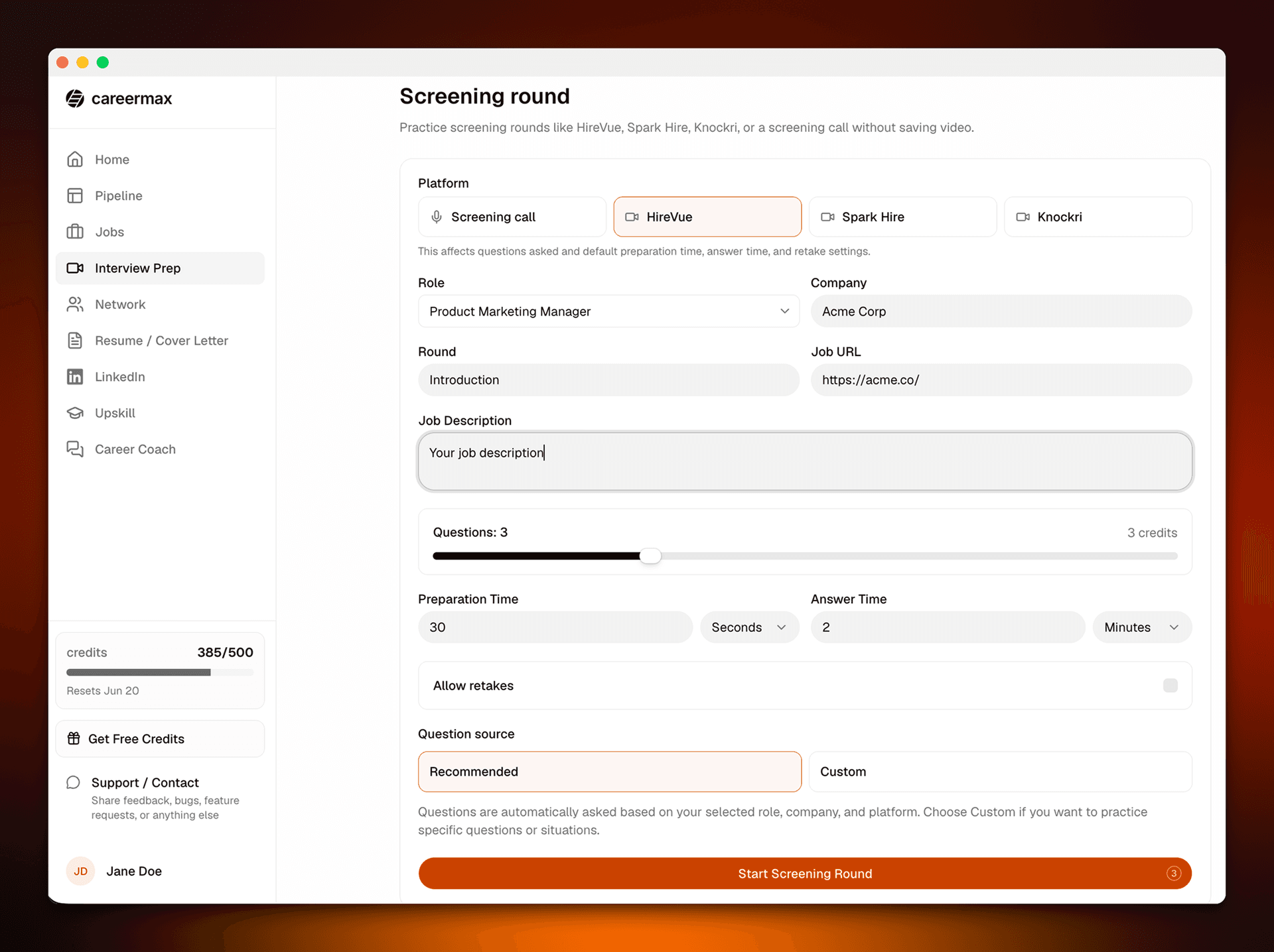 CareerMax form for creating a screening round interview simulation