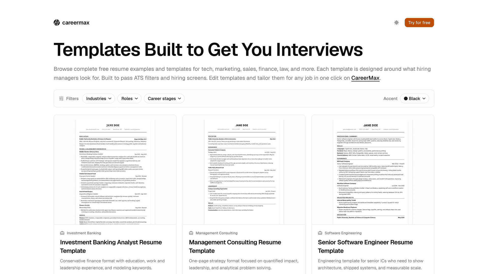 CareerMax free resume template library
